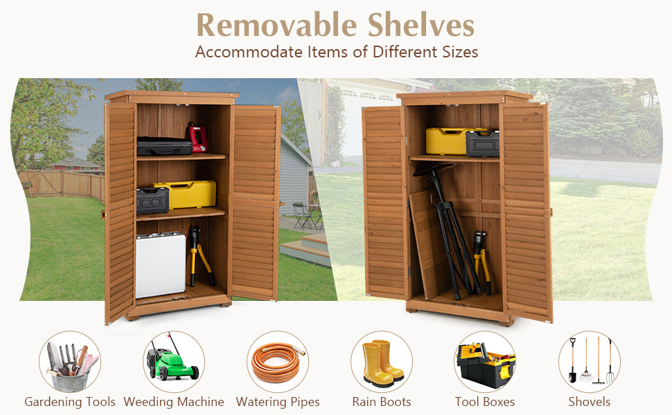 63” Outdoor Wood Storage Cabinet Garden Tool Shed with Double Lockable Doors 3 Shelves Asphalt Roof