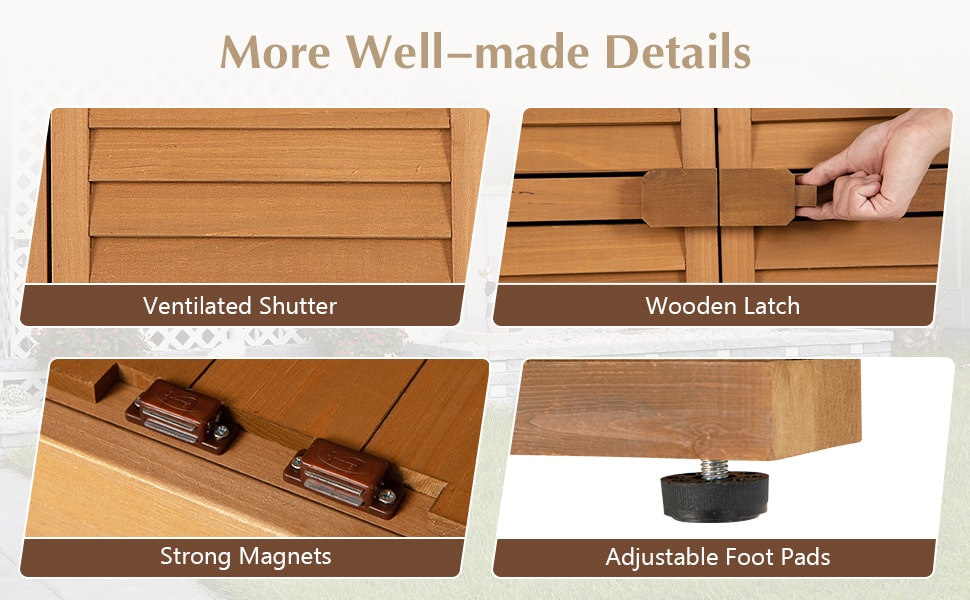 63” Outdoor Wood Storage Cabinet Garden Tool Shed with Double Lockable Doors 3 Shelves Asphalt Roof