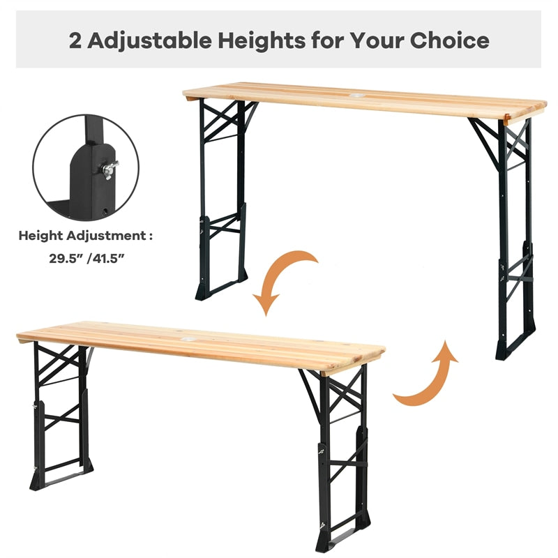 66.5 Inch Adjustable Height Outdoor Wood Folding Picnic Table with Umbrella Hole