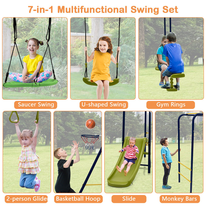 660 lbs Kids Swing Sets 7-in-1 Heavy Duty Backyard Swing Set Outdoor Playset with 2 Swings Glider Basketball Hoop Slide Gym Rings