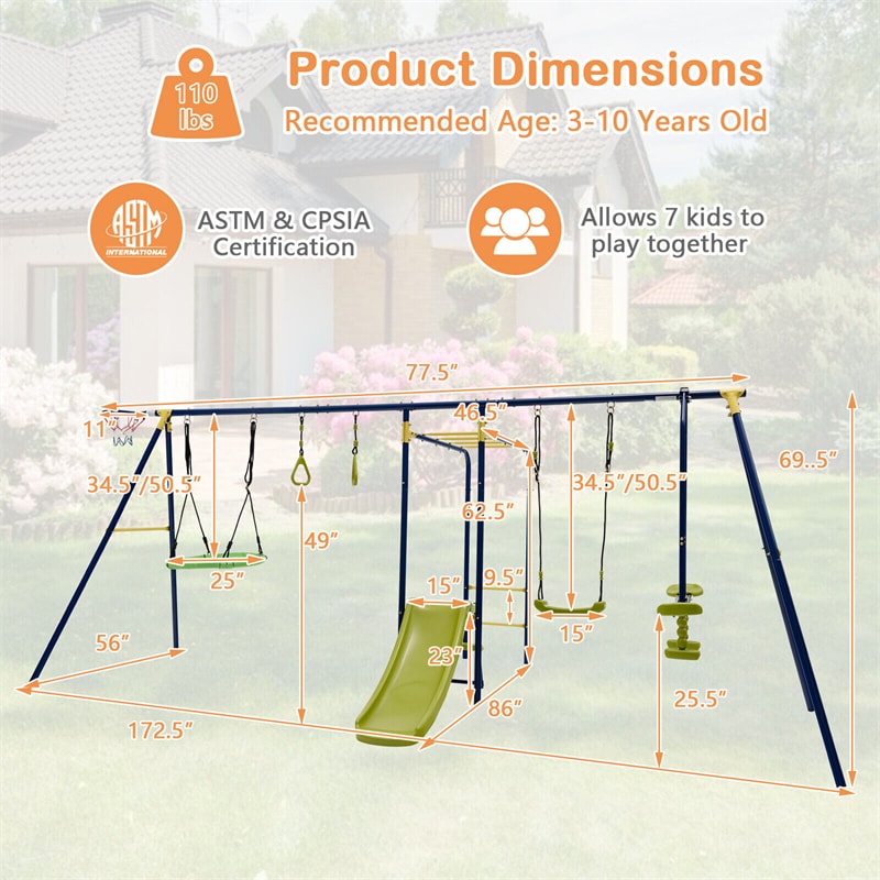 660 lbs Kids Swing Sets 7-in-1 Heavy Duty Backyard Swing Set Outdoor Playset with 2 Swings Glider Basketball Hoop Slide Gym Rings