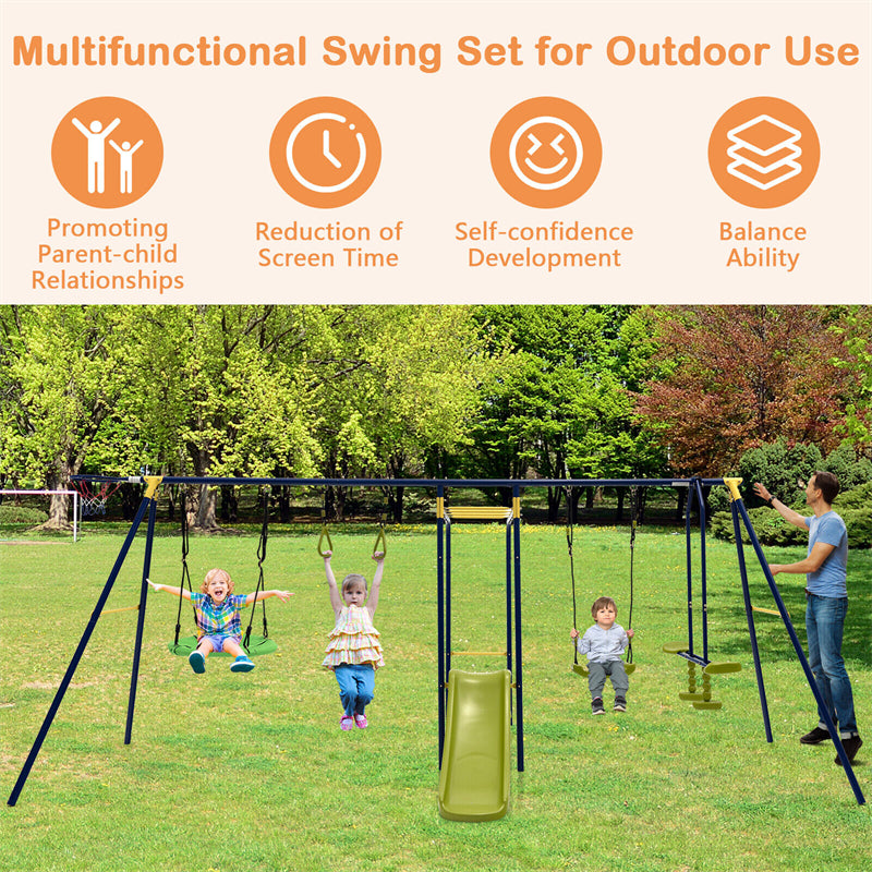 660 lbs Kids Swing Sets 7-in-1 Heavy Duty Backyard Swing Set Outdoor Playset with 2 Swings Glider Basketball Hoop Slide Gym Rings