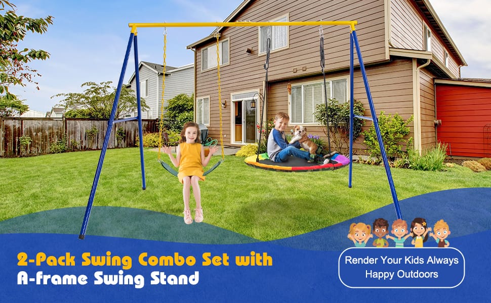 660lbs Metal A-Frame Swing Set Heavy Duty Full Steel Swing Stand with 2-Pack Swing Set, Ground Stakes & Adjustable Ropes for Kids Indoor Outdoor