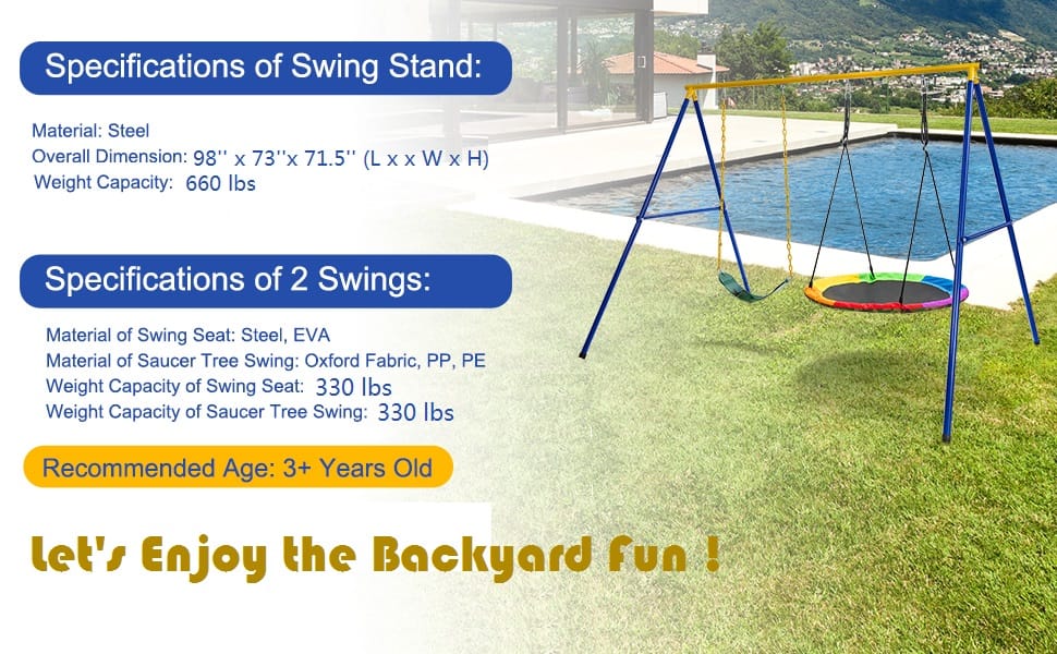 660lbs Metal A-Frame Swing Set Heavy Duty Full Steel Swing Stand with 2-Pack Swing Set, Ground Stakes & Adjustable Ropes for Kids Indoor Outdoor