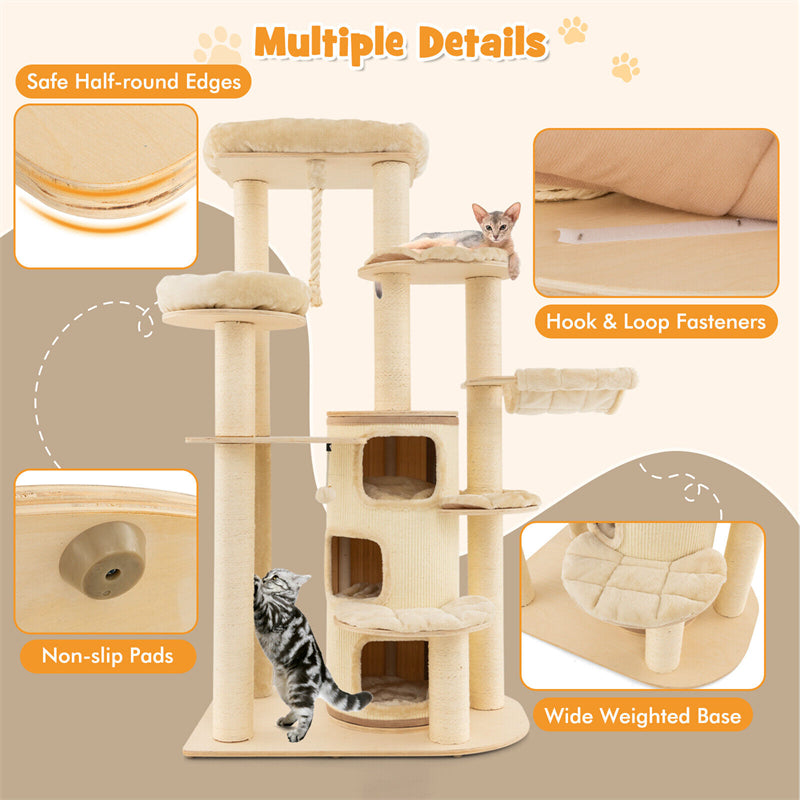 67" Tall Wooden Cat Tree Multi-Level Modern Large Cat Tower with 3-Story Cat Condo 2 Perches & Scratching Posts Spring Ball