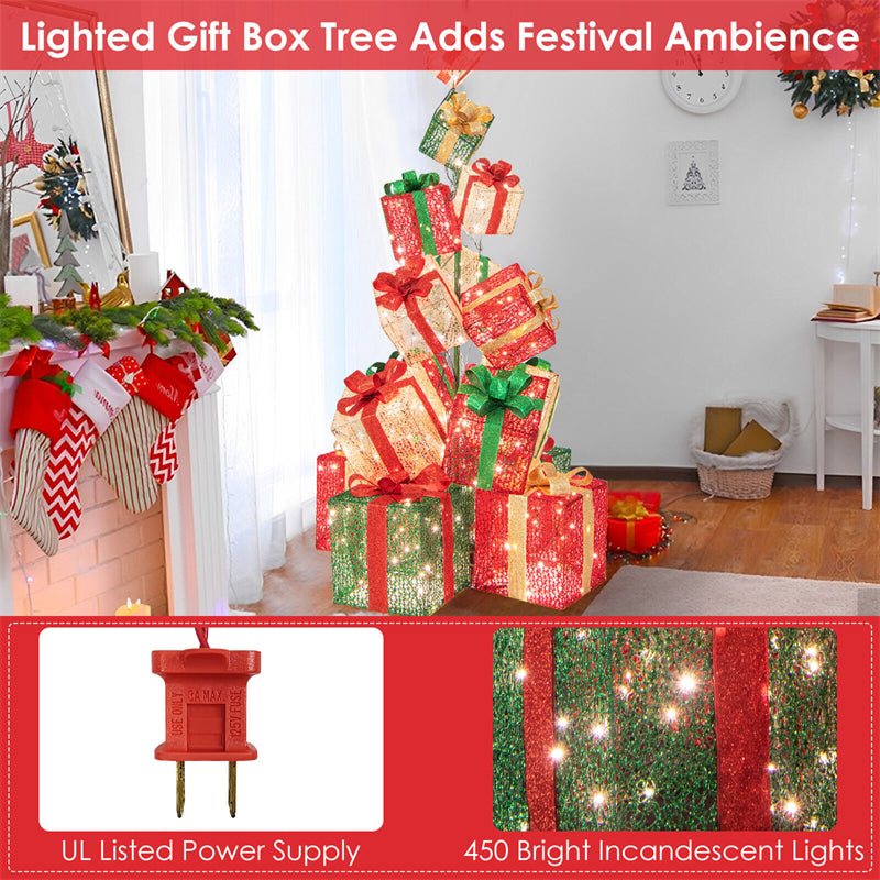 5.6 FT Christmas Lighted Gift Box Tower 15 Stacked Pre-Lit Gift Boxes with 450 Warm White Lights & Metal Base for Indoor Outdoor Decorations