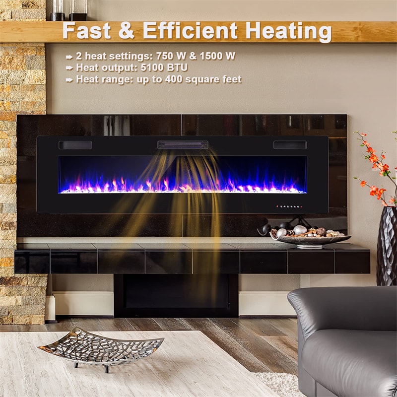 68 Inch Ultra-Thin Electric Fireplace Insert Recessed Wall Mounted Fireplace with Remote Control Crystal Log Decoration