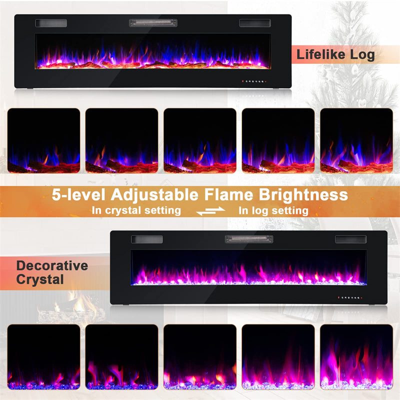 68 Inch Ultra-Thin Electric Fireplace Insert Recessed Wall Mounted Fireplace with Remote Control Crystal Log Decoration