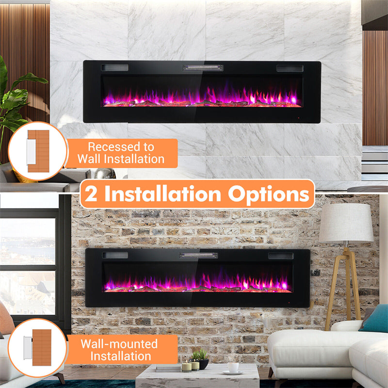 68 Inch Ultra-Thin Electric Fireplace Insert Recessed Wall Mounted Fireplace with Remote Control Crystal Log Decoration