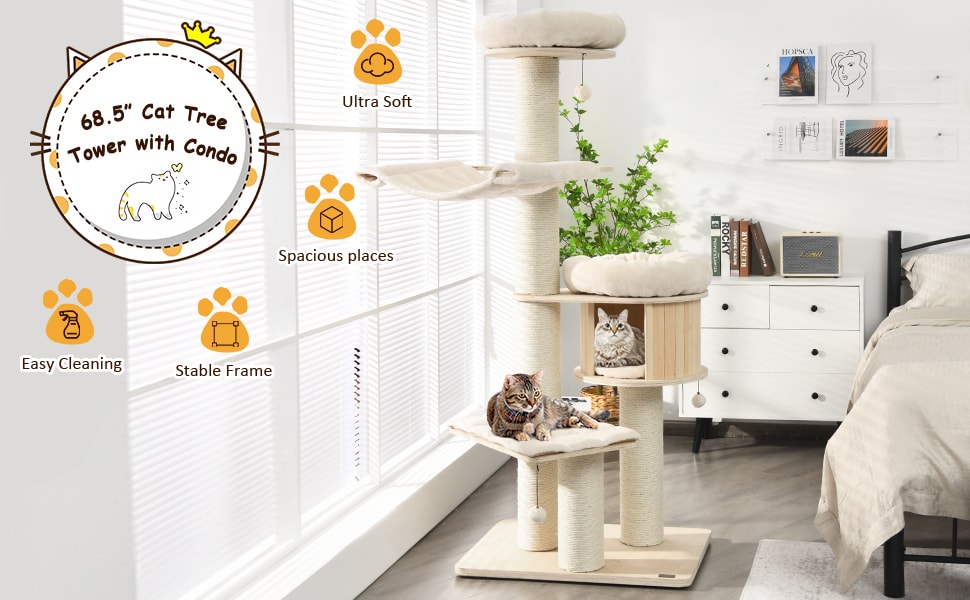 68.5" Tall Modern Cat Tree Condo 4-Level Large Wooden Cat Tower with Sisal Posts & Cushioned Hammock for Kitten Activity