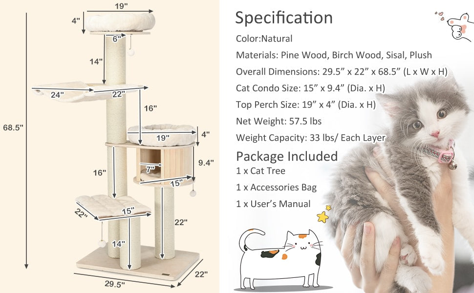 68.5" Tall Modern Cat Tree Condo 4-Level Large Wooden Cat Tower with Sisal Posts & Cushioned Hammock for Kitten Activity