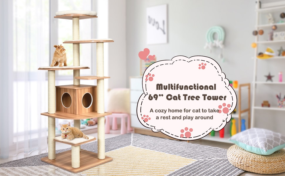 69" Tall Modern Cat Tree Multi-level Kitten Activity Tower with Cat Condo, Sisal Scratching Posts & Plush Cushions