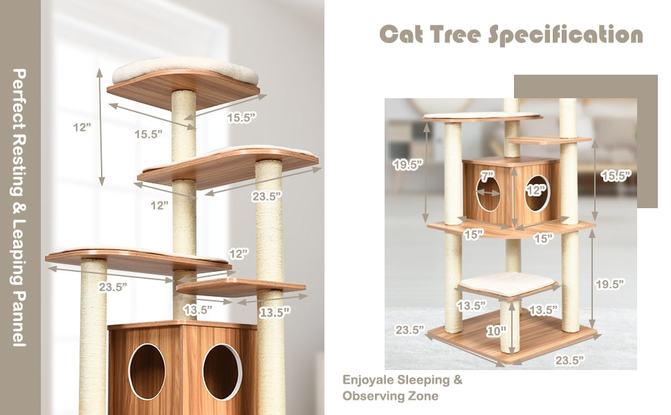 69" Tall Modern Cat Tree Multi-level Kitten Activity Tower with Cat Condo, Sisal Scratching Posts & Plush Cushions