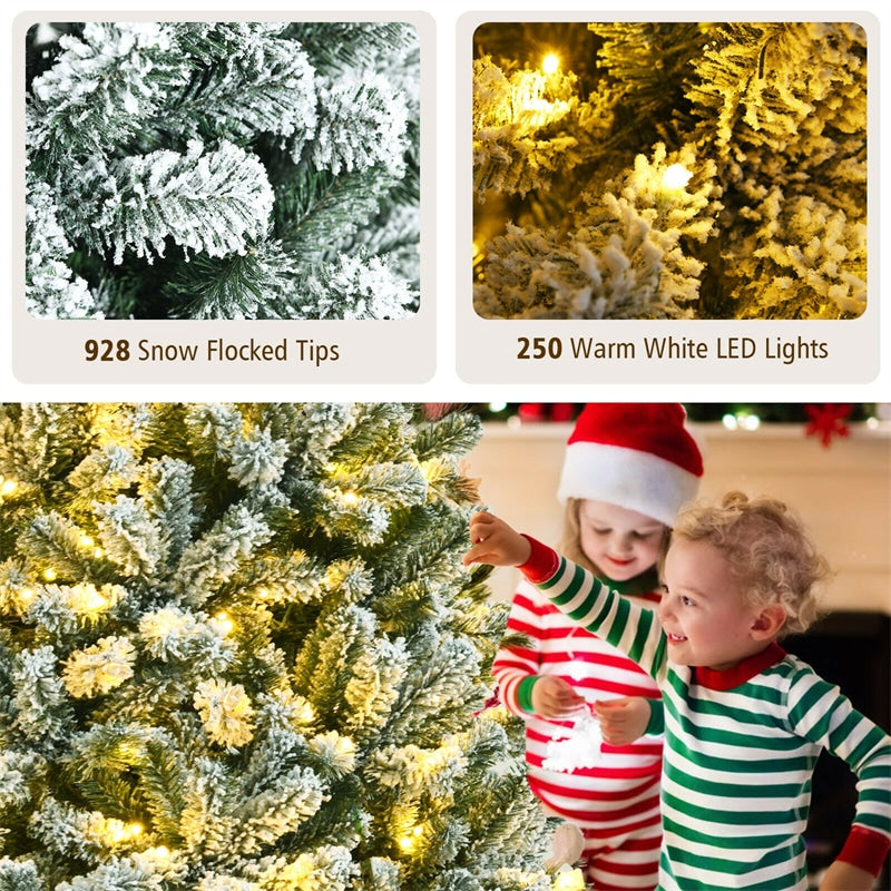 6FT Pre-Lit Snow-Flocked Hinged Christmas Tree with 928 Branch Tips