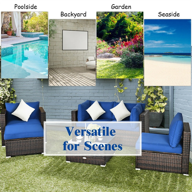 6 PCS Patio Rattan Sectional Furniture Set with Glass Coffee Table & Cushions Sofa Ottoman