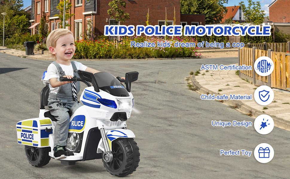 6V 3-Wheel Battery Powered Kids Ride On Police Motorcycle