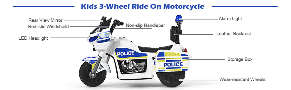 6V 3-Wheel Battery Powered Kids Ride On Police Motorcycle