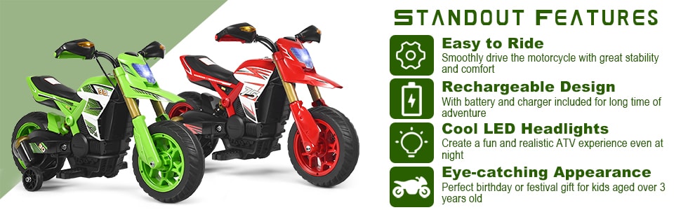 6V Electric Kids Ride-on Motorcycle Battery Motor Bike with Training Wheels LED Lights