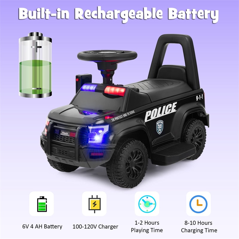 6V Electric Ride on Police Car 2-in-1 Toddler Push Car with Megaphone Siren Under Seat Storage