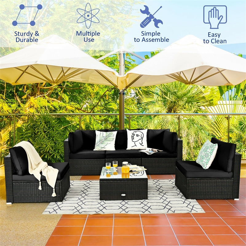 6 Pcs Patio Rattan Furniture Set with Cushioned Sofa and Coffee Table