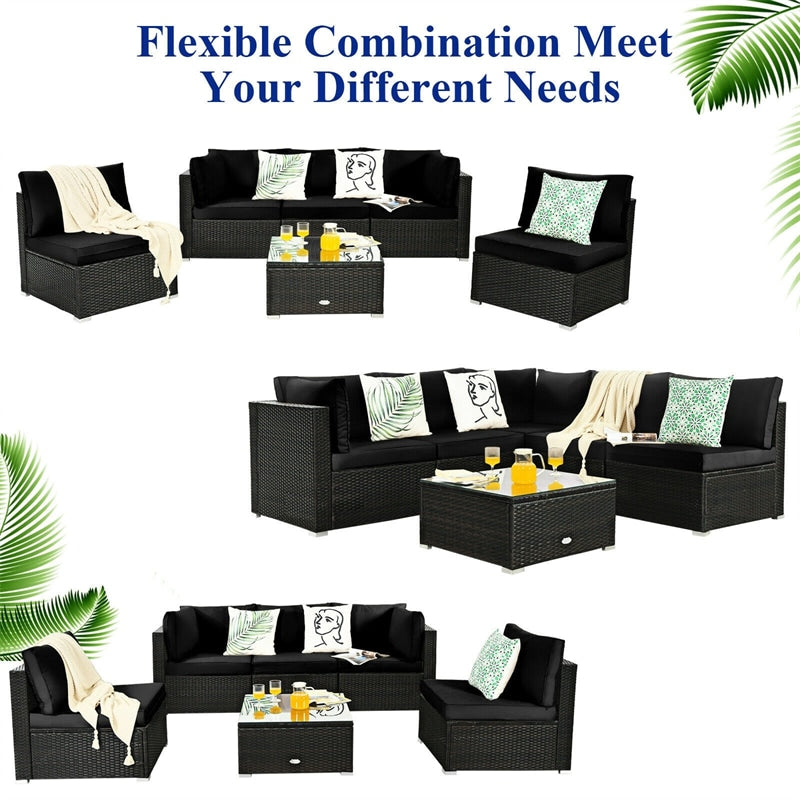 6 Pcs Patio Rattan Furniture Set with Cushioned Sofa and Coffee Table