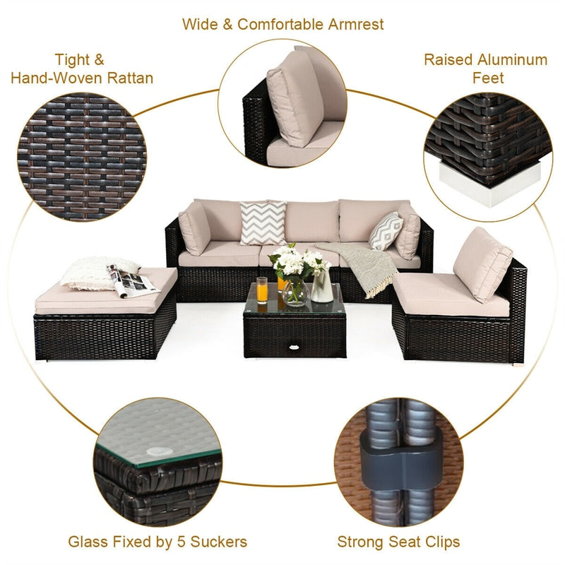 6 Piece Outdoor Rattan Patio Furniture Set Wicker Sectional Sofa Set with Coffee Table