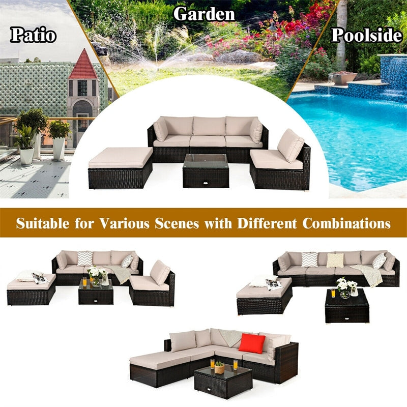 6 Piece Outdoor Rattan Patio Furniture Set Wicker Sectional Sofa Set with Coffee Table