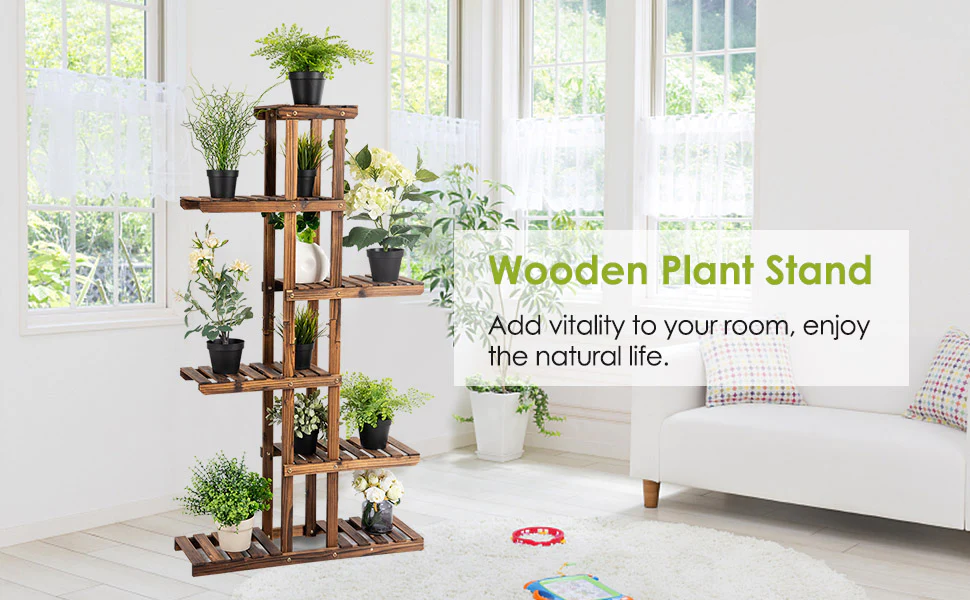 6 Tier Wood Garden Plant Stand Flower Pot Planter Display Rack Multifunctional Hollow Storage Rack Bookshelf