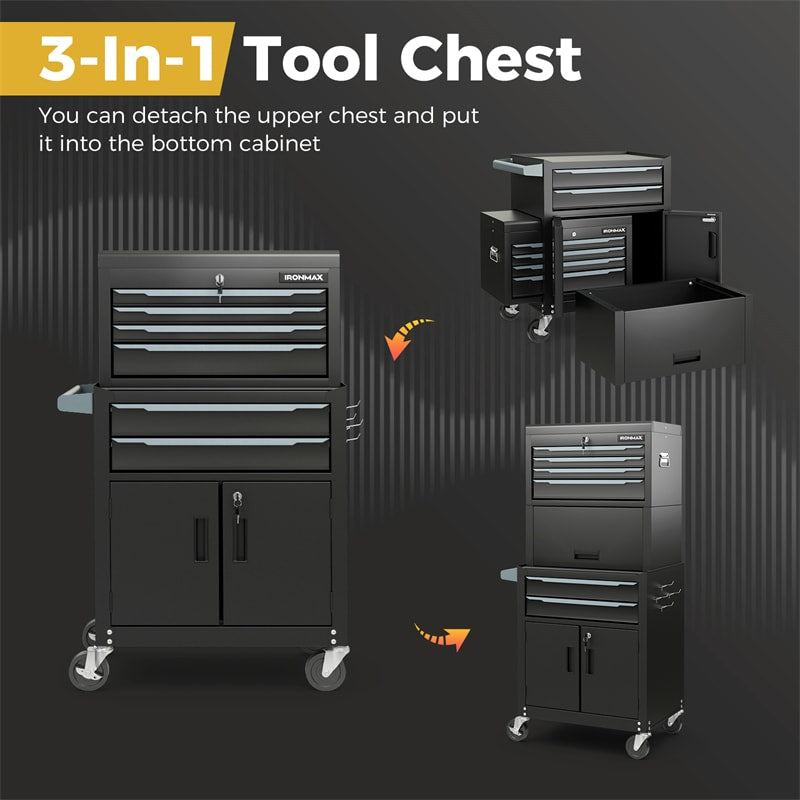 6 Drawer Rolling Tool Chest 3-in-1 Extra Large Tool Storage Cabinet Heavy-Duty Tool Box with 4” Universal Lockable Wheels & Middle Box
