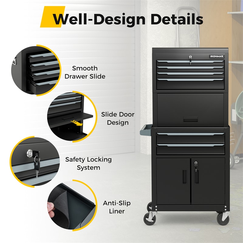 6 Drawer Rolling Tool Chest 3-in-1 Extra Large Tool Storage Cabinet Heavy-Duty Tool Box with 4” Universal Lockable Wheels & Middle Box