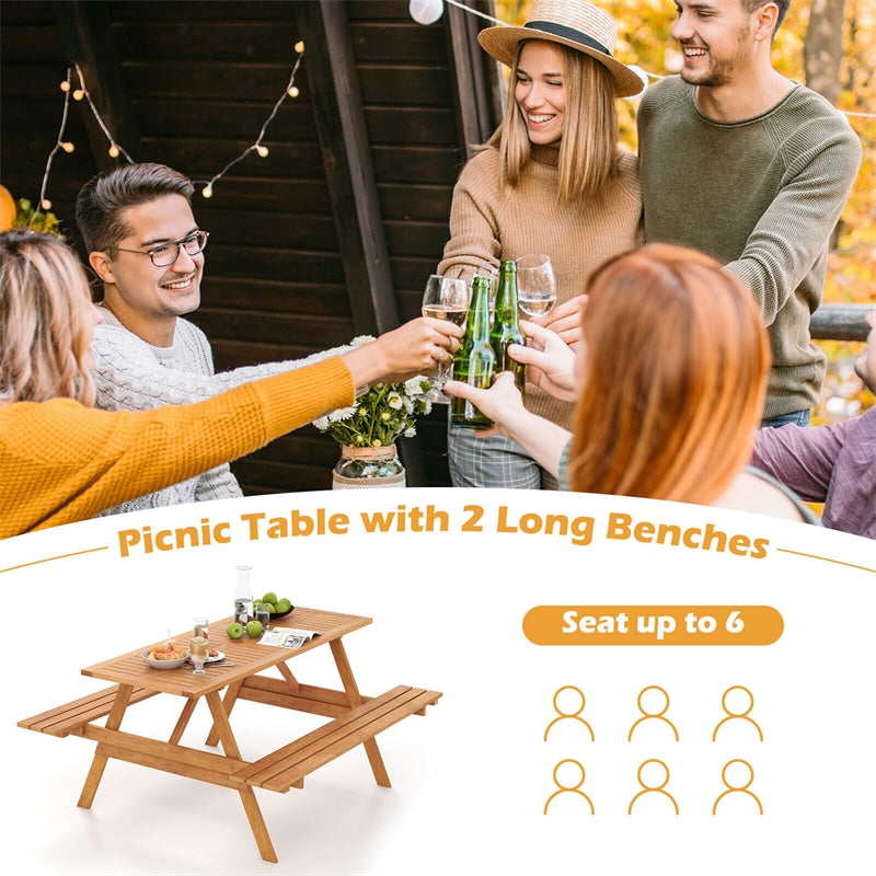 6 Person Hardwood Picnic Table Set Rectangle Patio Table with 2 Built-in Benches & 2” Umbrella Hole