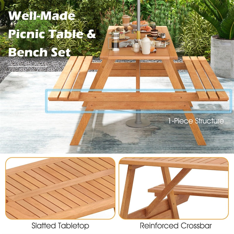 6 Person Hardwood Picnic Table Set Rectangle Patio Table with 2 Built-in Benches & 2” Umbrella Hole