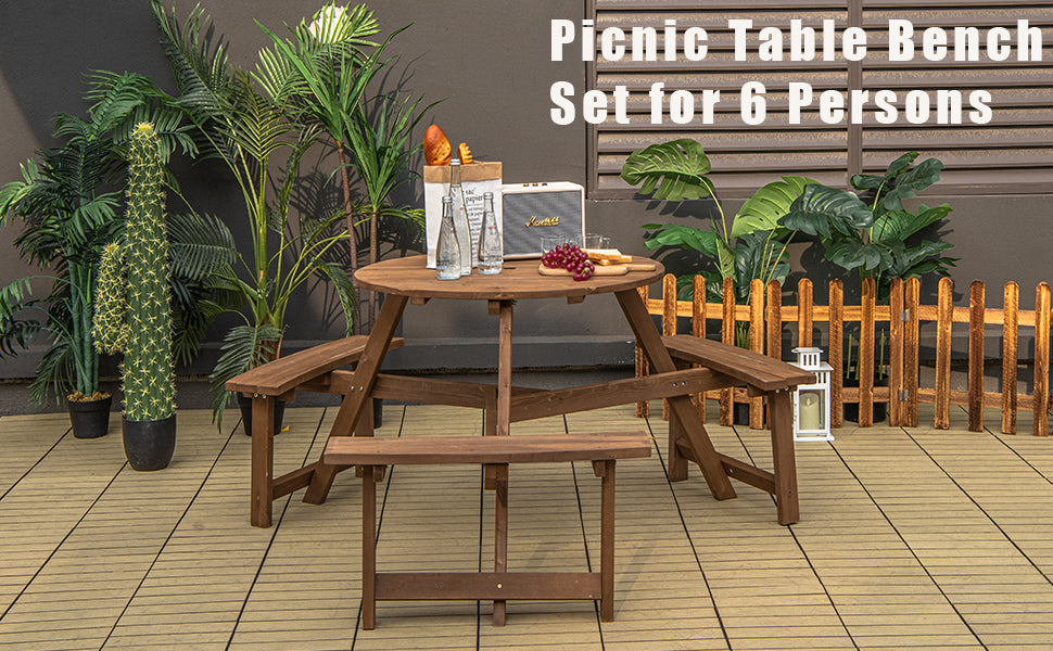 6 Person Wooden Picnic Table Bench Set Outdoor Table with 3 Built-in Benches & Umbrella Hole