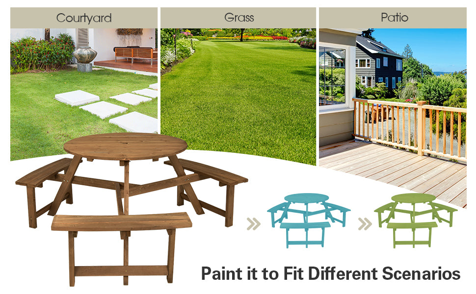 6 Person Wooden Picnic Table Bench Set Outdoor Table with 3 Built-in Benches & Umbrella Hole