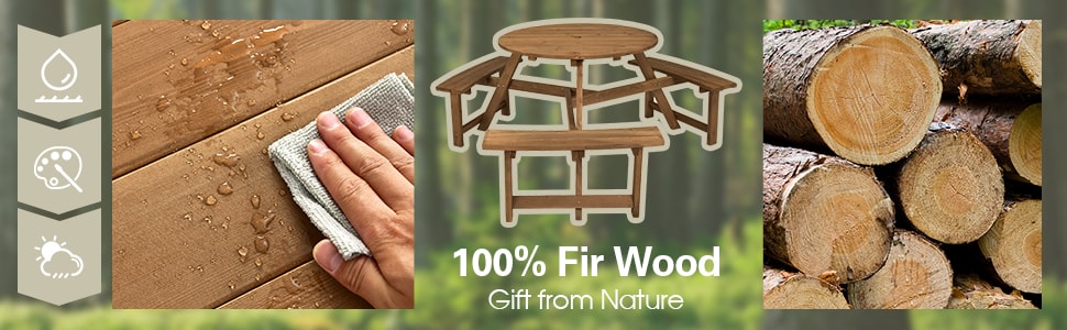 6 Person Wooden Picnic Table Bench Set Outdoor Table with 3 Built-in Benches & Umbrella Hole