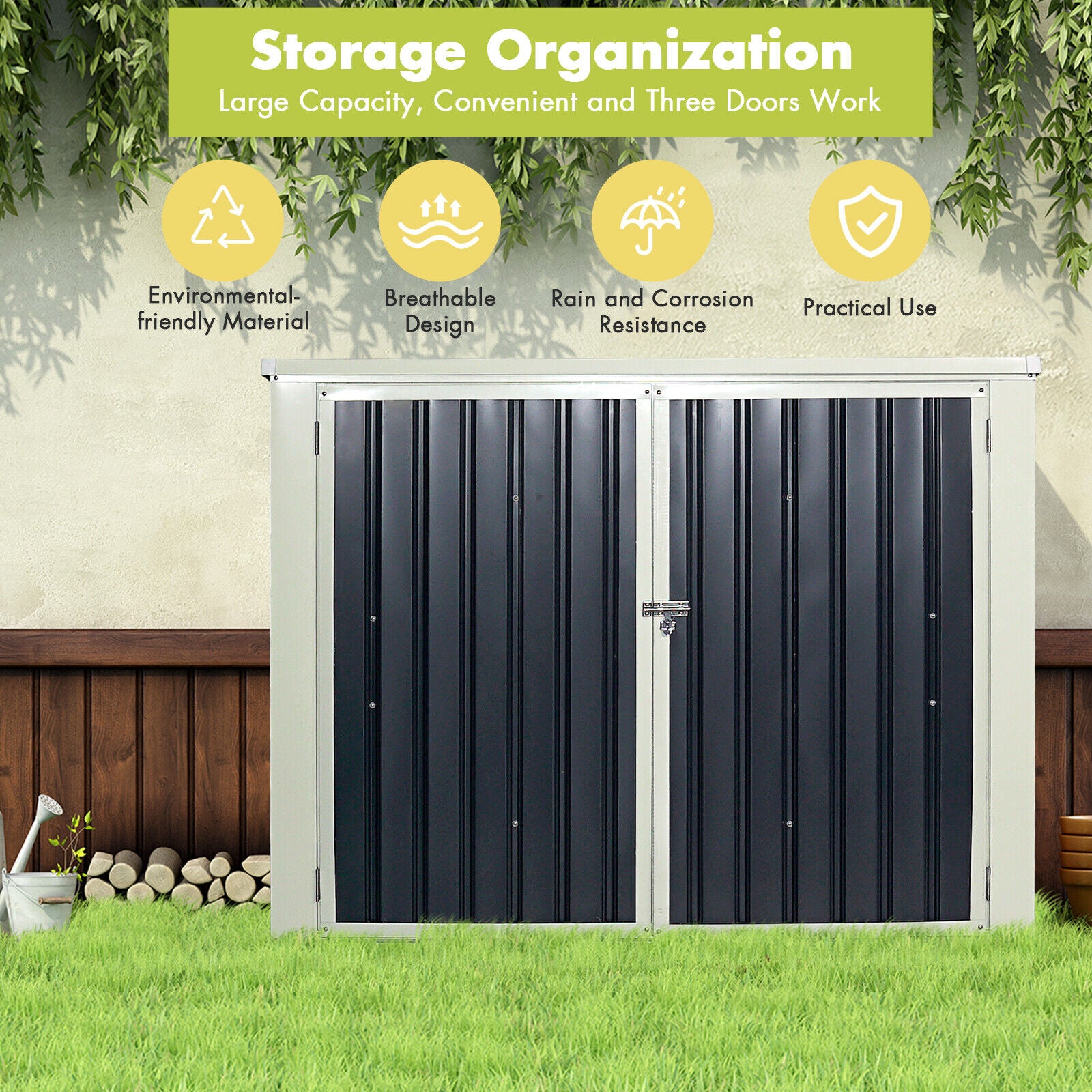 6 x 3FT Outdoor Horizontal Storage Shed Multifunctional Metal Garbage Can Storage Shed for Garden Yard