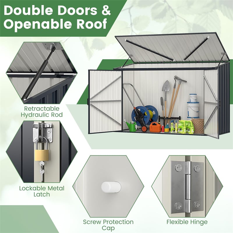 Double Doors &amp; Openable Roof:&nbsp;The metal utility garden storage shed features double doors with a lockable metal latch, providing extra security and convenience. Moreover, the roof can be safely and slowly opened and closed with retractable hydraulic rods, making fetching items a breeze.