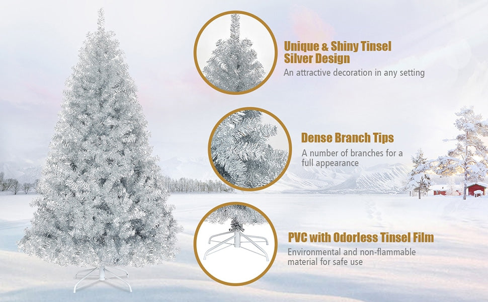 6ft Unlit Hinged Silver Tinsel Artificial Christmas Tree with Metal Stand