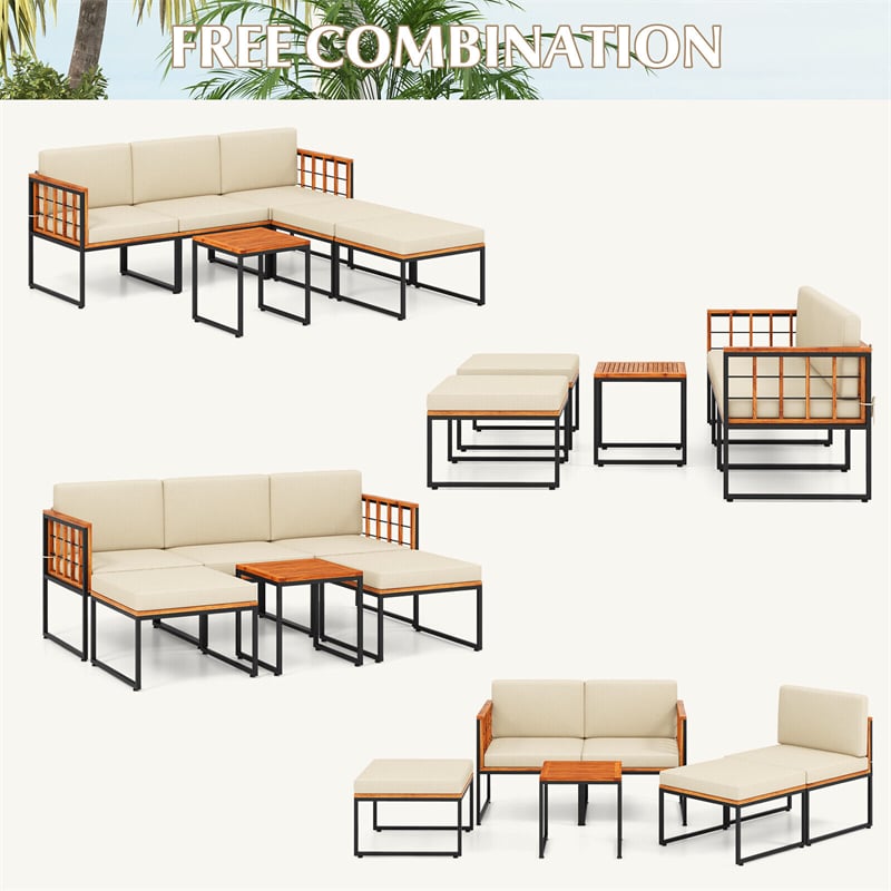 6 Piece Acacia Wood Patio Furniture Set Outdoor Sectional Sofa Set Modular Conversation Set with Coffee Table, Cushions & Ottomans