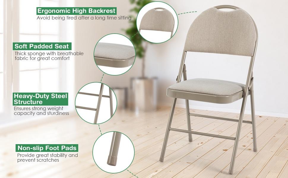 6 PCS Folding Chairs Portable Chairs Fabric Upholstered Seat Backrest with Handle Hole & Metal Frame for Home Office