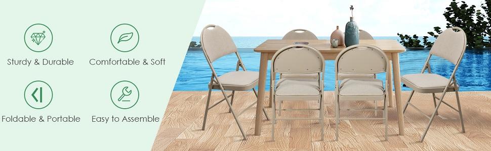 6 PCS Folding Chairs Portable Chairs Fabric Upholstered Seat Backrest with Handle Hole & Metal Frame for Home Office