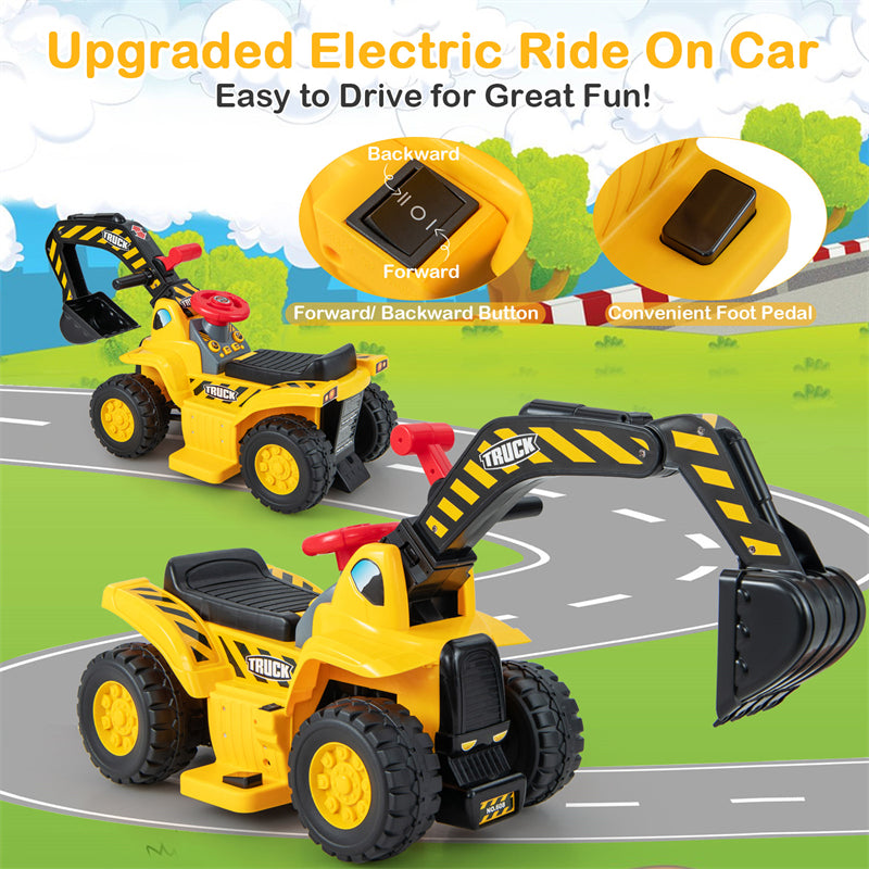 6V Battery Kids Ride On Excavator Toddler Bulldozer Digger Construction Vehicle with Folding Basketball Hoop & Underneath Storage