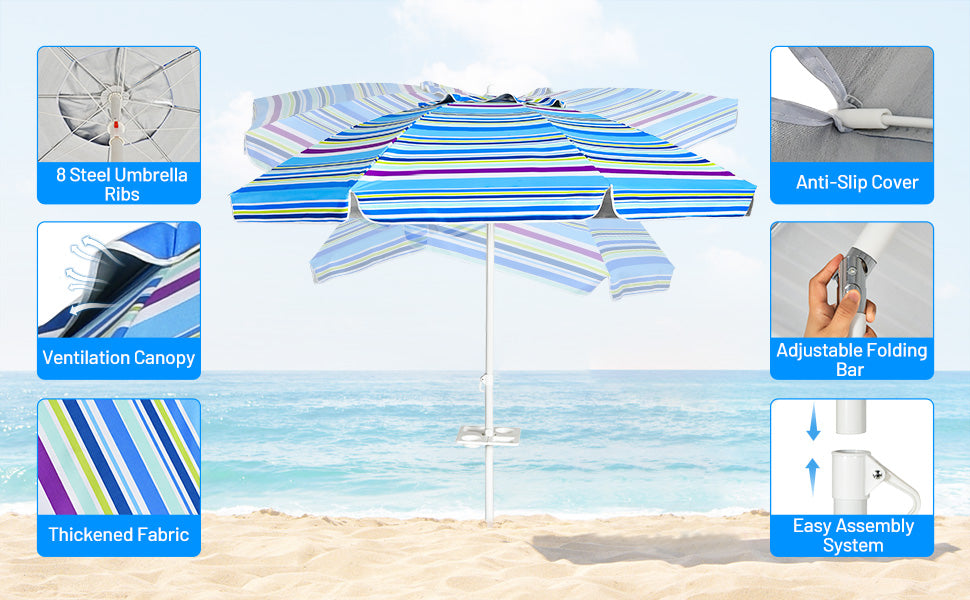 7.2 FT Portable Outdoor Beach Umbrella with Sand Anchor and Tilted Pole