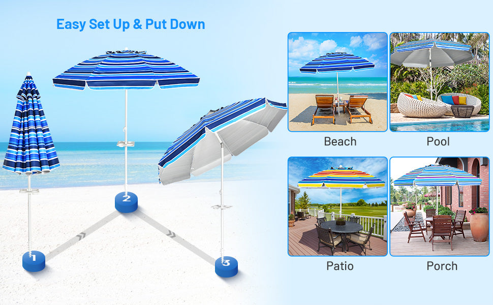 7.2 FT Portable Outdoor Beach Umbrella with Sand Anchor and Tilted Pole