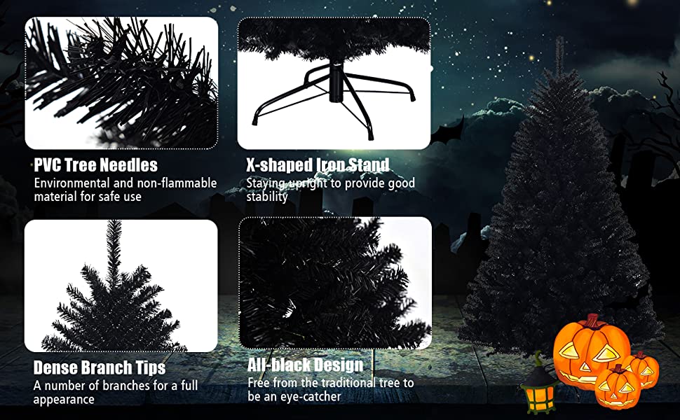 6 ft Black Hinged Artificial Halloween Christmas Tree