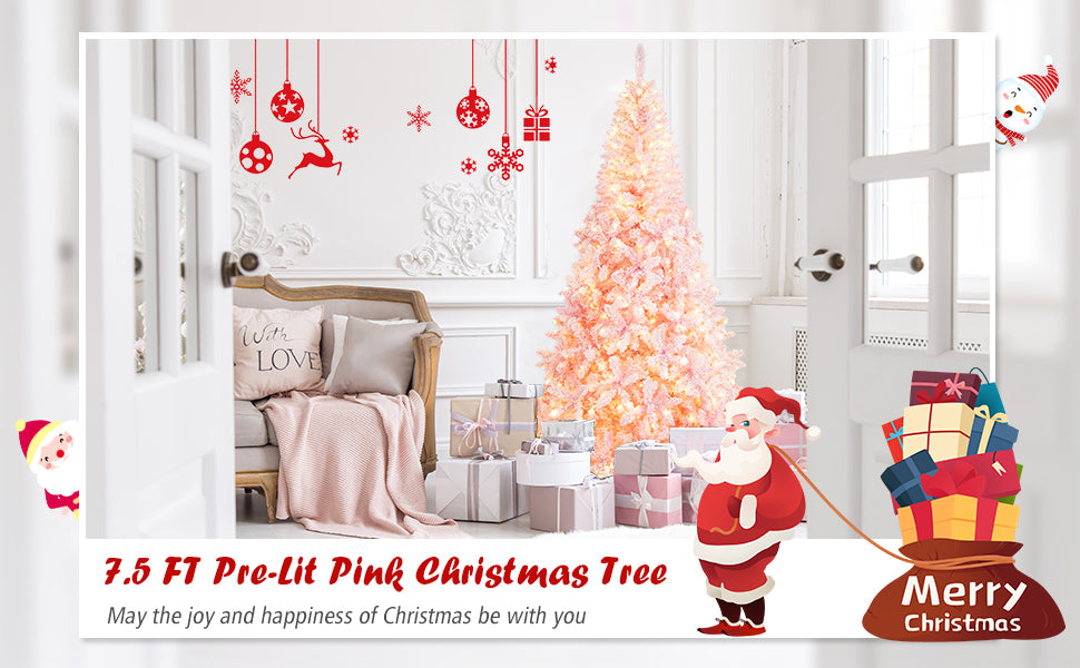 7.5ft Pink Pre-Lit Christmas Tree Hinged Artificial Snow Flocked Xmas Tree with 1100 PVC Branch Tips & 450 LED Lights 8 Lighting Modes