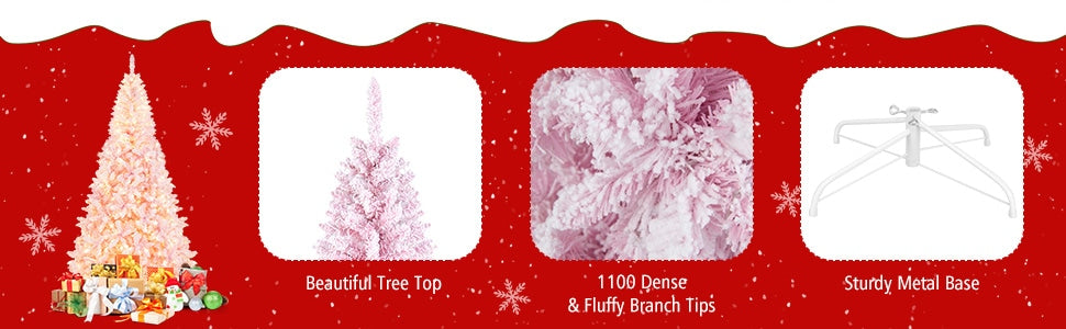 7.5ft Pink Pre-Lit Christmas Tree Hinged Artificial Snow Flocked Xmas Tree with 1100 PVC Branch Tips & 450 LED Lights 8 Lighting Modes