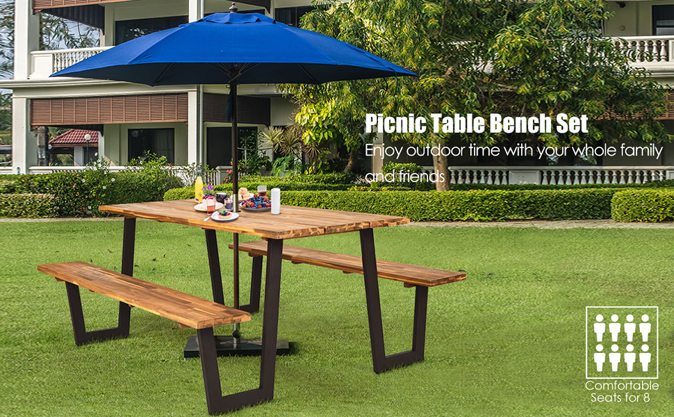 70” Acacia Wood Outdoor Dining Table Set Picnic Table Bench Set with Umbrella Hole