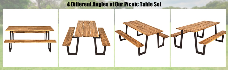 70” Acacia Wood Outdoor Dining Table Set Picnic Table Bench Set with Umbrella Hole