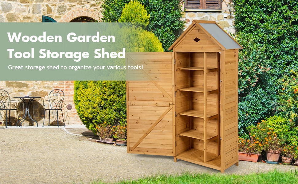 70" Wooden Outdoor Storage Shed Lockable Garden Tool Cabinet with 5 Shelves & Galvanized Sheet Roof